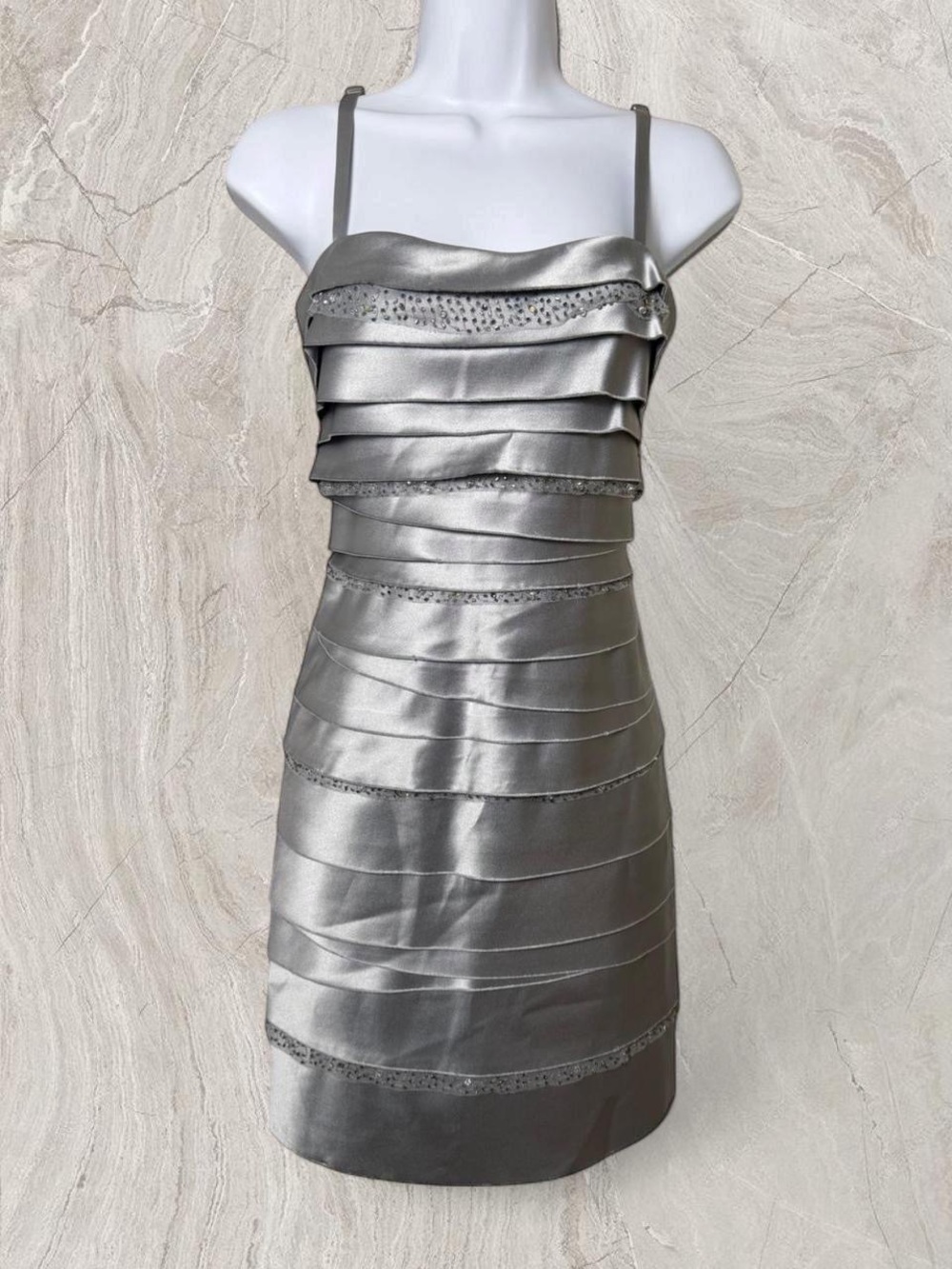 BCBG Beaded Dress Ruffle Satin Tiered Cocktail Mini Dress Silver